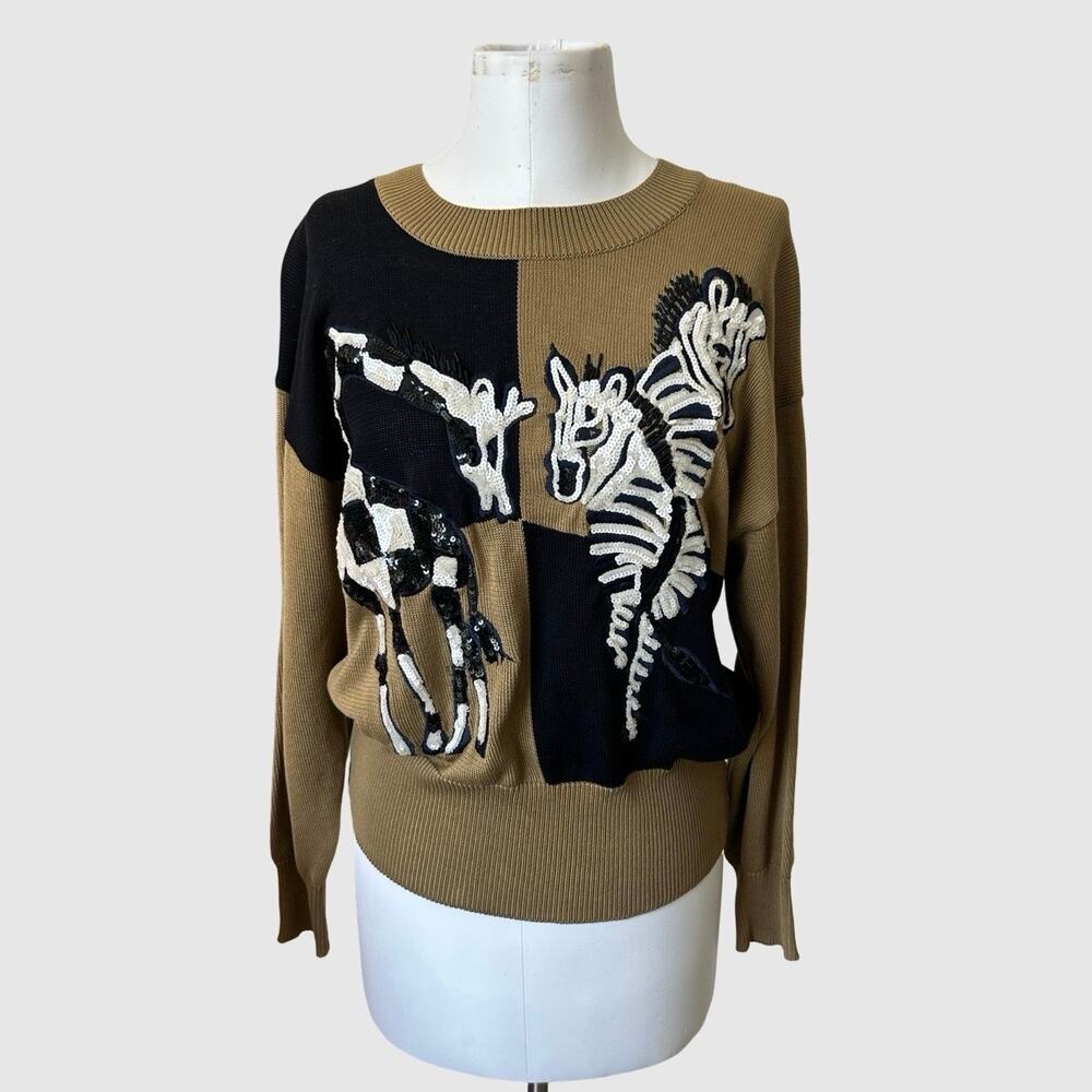 Vintage ESCADA Margaretha Ley Sequin Zebra Horse Sweater 36 Designer 80s 90s